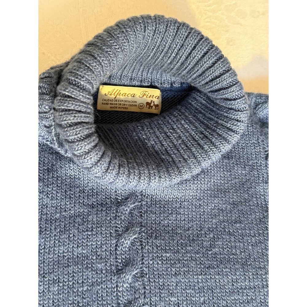 Alpaca Fina Blue Cable Knit Turtleneck Sweater Made in Peru Size Medium